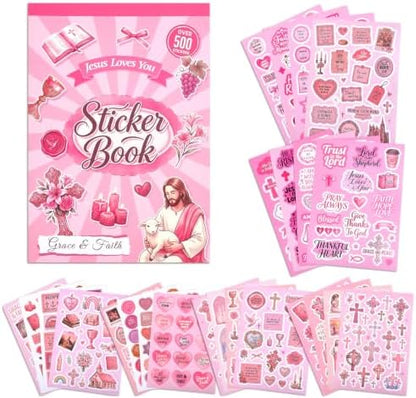 500+ Christian Scrapbook Sticker Book, Pink Bible Faith Inspirational Stickers for Scrapbooking, Art Journal Supplies for Adults Teens Women Girls Junk Journaling by emmoolife