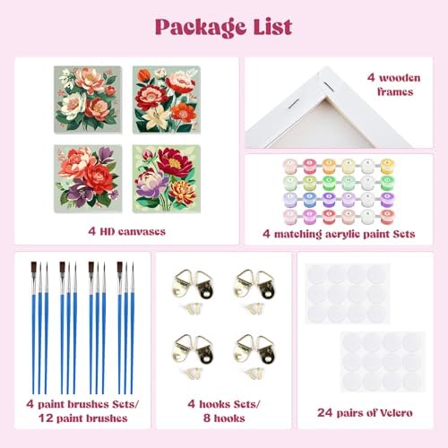 MXJSUA 4 Pack Peony Flowers Framed Paint by Numbers Kit with Canvas for Adults Beginner, DIY Acrylic Oil Painting Kits with Brushes for Home Wall Decor Gift (8x8 inch) - Image 3