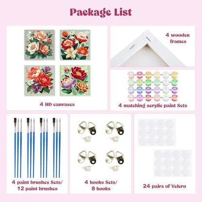 MXJSUA 4 Pack Peony Flowers Framed Paint by Numbers Kit with Canvas for Adults Beginner, DIY Acrylic Oil Painting Kits with Brushes for Home Wall Decor Gift (8x8 inch) - Image 3