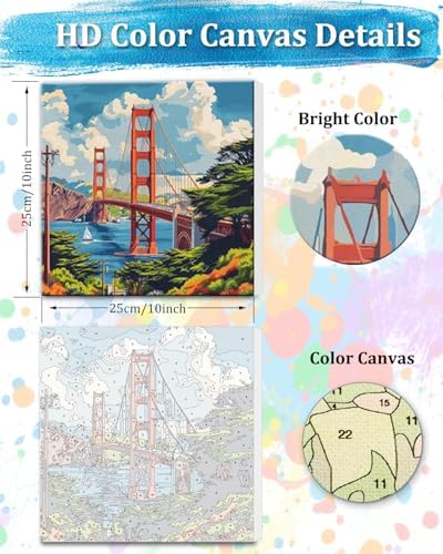 TOCARE Framed Paint by Numbers Kit for Adults Beginners & Kids Ages 8-12, Golden Gate Bridge Paint by Number with Frame, San Francisco Paint by Numbers Framed Canvas (10x10 Inch,Without Easel) - Image 2