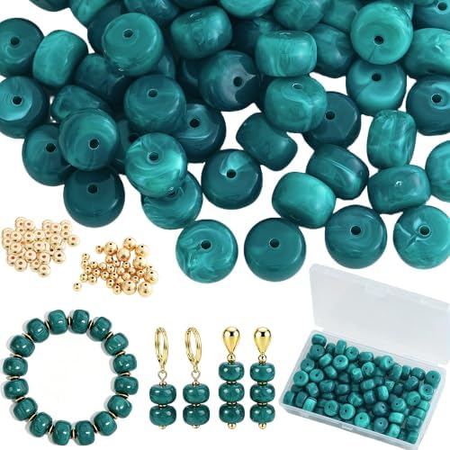 100Pcs 14mm Large Acrylic Beads for Jewelry Making, Chunky Marbled Round Focal Beads Bulk Set with Spacer Beads for DIY Bracelets Necklaces Keychains Bag Charms(Dark Green) by YUJIEJewelry