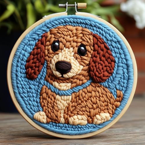 DIY Punch Needle Kit Brown Dachshund Dog with Hoop 20x20cm by Unknown