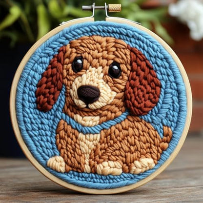 DIY Punch Needle Kit Brown Dachshund Dog with Hoop 20x20cm by Unknown