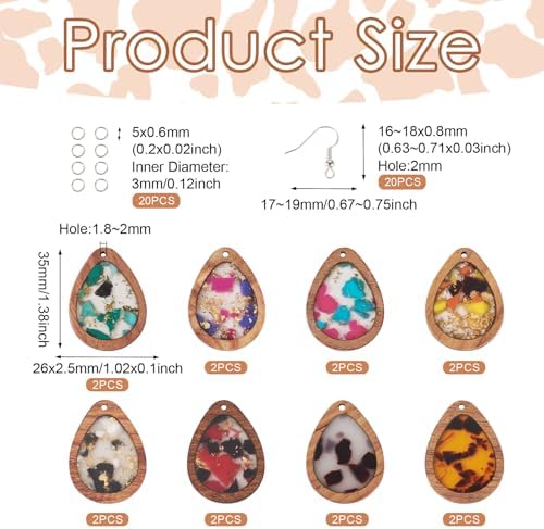 Boutigem 56Pcs Wood Dangle Earring Charm Kit with Teardrop Resin Wood Pendants Earring Hooks Jump Rings for DIY Women Jewelry Making Necklace Keychain Decor - Image 2