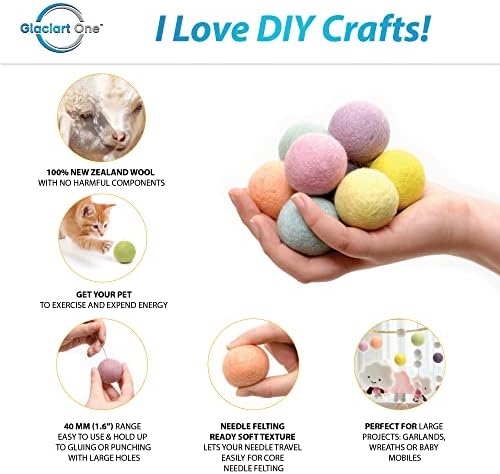 Glaciart One Felt Balls, Felt Pom Poms (10 Pieces) 4 Centimeters - 1.6 Inch, Handmade Felted 5 Pastel Colors Balls for Cats, Felting and Garland - Image 2