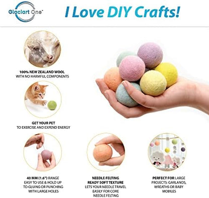 Glaciart One Felt Balls, Felt Pom Poms (10 Pieces) 4 Centimeters - 1.6 Inch, Handmade Felted 5 Pastel Colors Balls for Cats, Felting and Garland - Image 2