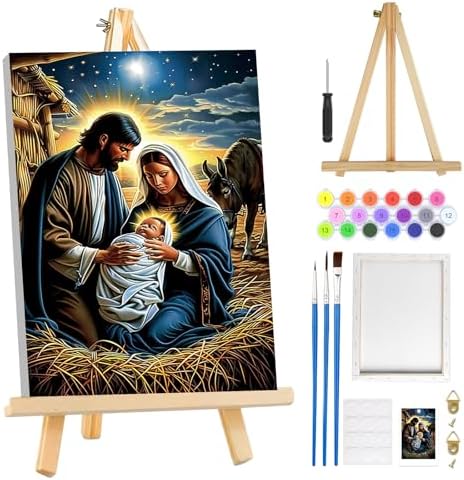 MOGTAA Nativity Scene Paint by Numbers Kit for Adults Beginners with Frame, Christmas Adult Paint by Number Kits on Canvas with Easel, Easy DIY Oil Painting Kits for Home Decor, 8x12in by MOGTAADIYHomeDecor