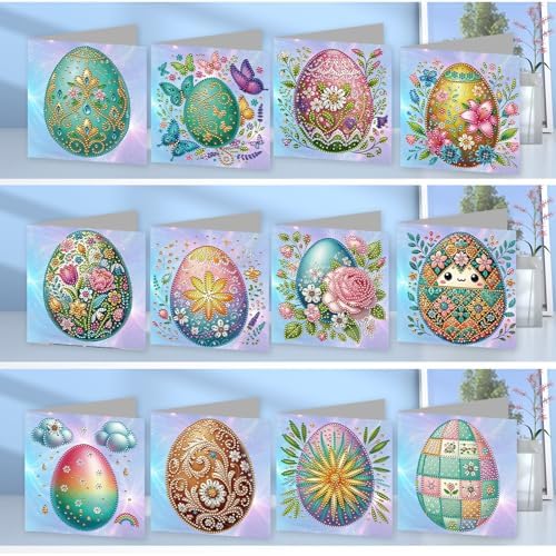 Diamond Painting Greeting Cards 12 Pack Easter Egg DIY Kit with Special Shaped Rhinestones, Thick Cardboard, Envelopes Included, Handmade Craft for Adults, Spring Holiday Gift - Image 2