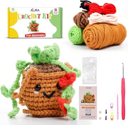 A-URA Learn to Crochet Kit for Beginners Kids and Adults, Premium Pattern Sunflower Beginner Crochet Kits with Easy Tube Yarn & Step-by-Step Video Tutorials (Hanging Pot Plant) by AURA