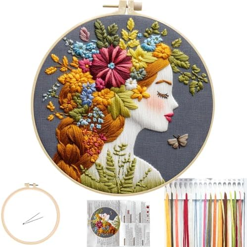 FONNUY Floral Women Embroidery Kit for Beginners, Colorful Long Hair Girl Pre-Stamped Pattern Kits for Adults with Hoop, Thread Needlework, 8'' Hoop (Gold) by FONNUY