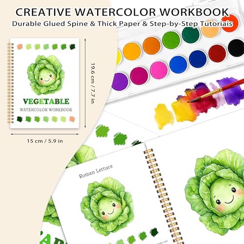 Easy Vegetable Watercolor Workbook for Beginners, Water Coloring Book, 18 Colors Watercolors Paint Set, 12 Patterns Fresh Harvest Watercolor Kit, Relaxing DIY Gift for Adults and Women Teen - Image 2