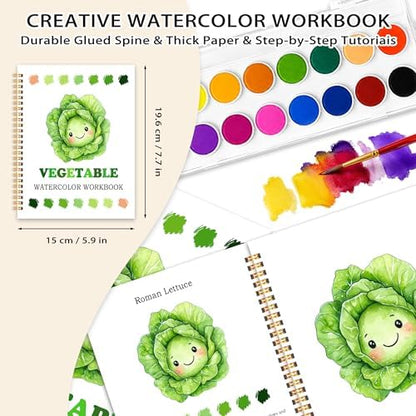 Easy Vegetable Watercolor Workbook for Beginners, Water Coloring Book, 18 Colors Watercolors Paint Set, 12 Patterns Fresh Harvest Watercolor Kit, Relaxing DIY Gift for Adults and Women Teen - Image 2