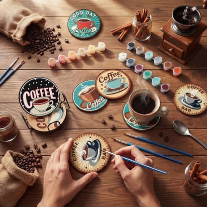 Reallnaive 8 Pcs Coffee Paint by Numbers Kit for Adults Wooden Coaster - Image 2