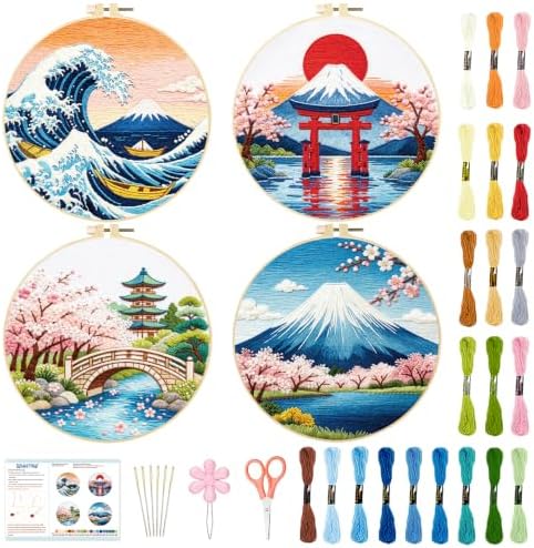 BEUNITONE 4 Pcs Embroidery Kit for Beginner, Ukiyo-e Style Landscape Wave Pattern Embroidery Materials, Cross Stitch Set with Cloth, Thread, Needle and Hoop Tools for Friendship Gift and Home Decor by BEUNITONE