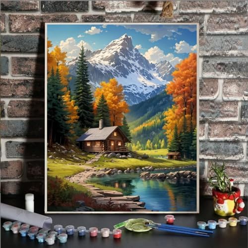 Mountain Paint By Numbers Kit For Adults Beginner Cabin Adult Paint By Number Kits On Canvas Mountain Oil Painting Kit For Beginners Adults' Paint-By-Number Kits For Gift Home Wall Decor 16x20 Inch - Image 2