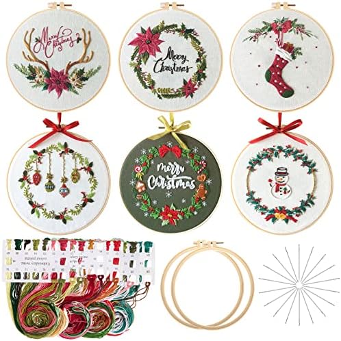 Canlierr 6 Sets Christmas Embroidery Kit with Pattern and Instructions Embroidery Starter Pattern Hoop Colored Threads Needlepoint Kit for Beginners Adults Supplies(Wreath Style) by Canlierr