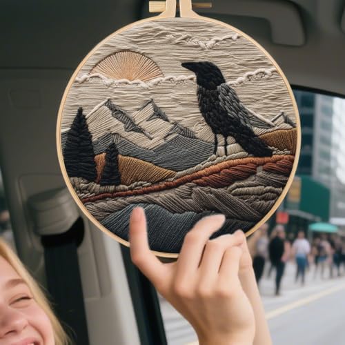 FONNUY Embroidery Kit, Featuring Crow and Landscape Patterns, Cross Stitch Kits for Both Adults and Beginners, Handmade Crafts Printed Pattern Set, Color Thread Needlework, 8'' Hoop (Fearless Bird) - Image 4