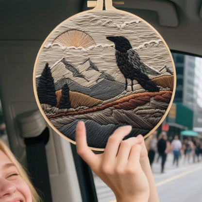 FONNUY Embroidery Kit, Featuring Crow and Landscape Patterns, Cross Stitch Kits for Both Adults and Beginners, Handmade Crafts Printed Pattern Set, Color Thread Needlework, 8'' Hoop (Fearless Bird) - Image 4