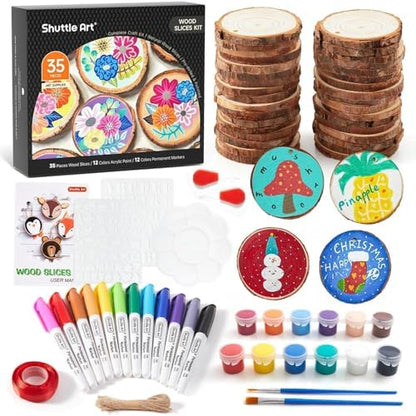 Wood Slices Kit, Shuttle Art 35 PCS Unfinished Natural Wood Slices with Pre-Drilled Hole, Acrylic Paint, Permanent Markers, Jute Twine, DIY Craft for Kids Adults Holiday Decoration Christmas Ornaments by ShuttleArt