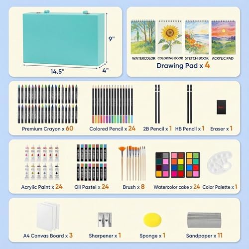 194 Piece Deluxe Art Set, Painting Drawing Art Supplies with 4 Drawing Pads, Acrylic Paints, Crayons, Colored Pencils Set in Wooden Case, Art Kit Gift Box for Kids, Teens, Adults, Artists, Beginners - Image 2
