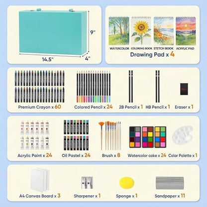 194 Piece Deluxe Art Set, Painting Drawing Art Supplies with 4 Drawing Pads, Acrylic Paints, Crayons, Colored Pencils Set in Wooden Case, Art Kit Gift Box for Kids, Teens, Adults, Artists, Beginners - Image 2