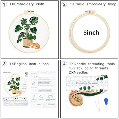 Monstera Embroidery Kits for Beginners Adults, Cat Hand Embroidery Kits, Potted Plant Cross Stitch Kits for Beginners DIY Craft Kits for Adult Women, Entire Set of Embroidery Supplies & Video Tutorial - Image 3
