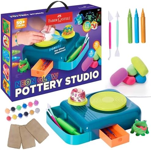 Faber-Castell Neon Glow Pottery Studio: Create Your Own Pottery Designs with USB-Powered Pottery Wheel, Air Dry Clay, Neon & Glow in The Dark Paints, Tools & 50+ Craft Supplies for Kids (Ages 8+) by Faber-Castell