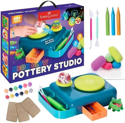 Faber-Castell Neon Glow Pottery Studio: Create Your Own Pottery Designs with USB-Powered Pottery Wheel, Air Dry Clay, Neon & Glow in The Dark Paints, Tools & 50+ Craft Supplies for Kids (Ages 8+) by Faber-Castell