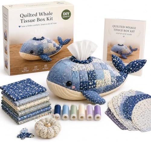 Saiiko Tissue Box Cover DIY Sewing Kit, Boho Fabric Patchwork Craft Kit for Adults Beginners, Beach Home Decor for Nightstand, End Table and Desk (Whale) by Saiiko