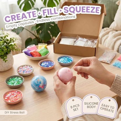 DIY Stress Ball Making Kit, ASMR Anxiety Relief Squishy Maker Set with 9 TPR Skins, 12 Colors Air Dry Clay & Glitters Fillers, Professional Sensory Toy for Adults Office Women Self-Care Gifts - Image 5