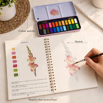 Watercolor Workbook - Water Coloring Book Set for Adults. 14 Beautiful Flower Designs Water Colors Book, 24-Color Watercolor Paint, 3 Brush Pens, 300g Watercolor Paper, Friendly for Beginners - Image 5