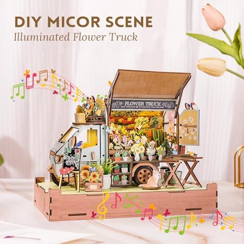 DIY Miniature House Kit (Flower Truck) Tiny Dollhouse Kits for Adults to Build, Mini Model Kits with LED&Music Box, Wooden Adults Crafts Puzzles, Birthday Gifts for Family Friends - Image 2