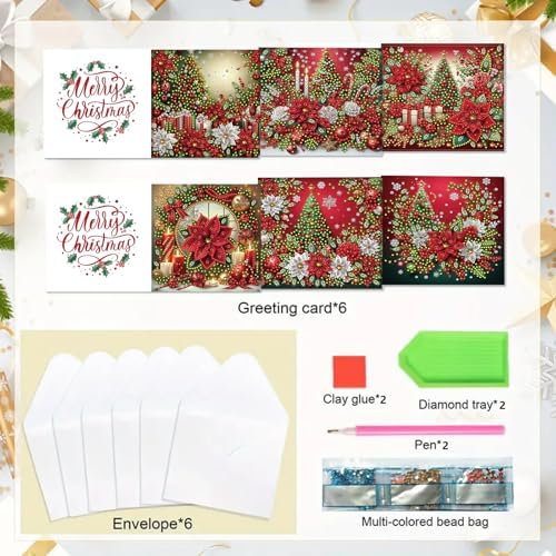 6Pcs Christmas Greeting Card DIY Diamond Art Painting Greeting Cards Blessing Folding Card Kit with White Envelopes Diamond Arts Crafts for Birthday Festival Gift-Poinsettia - Image 6