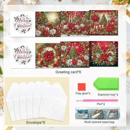 6Pcs Christmas Greeting Card DIY Diamond Art Painting Greeting Cards Blessing Folding Card Kit with White Envelopes Diamond Arts Crafts for Birthday Festival Gift-Poinsettia - Image 6