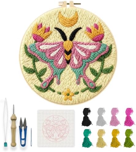 INFUNLY Pink Moths Punch Needle Kits for Beginner Adult Flowers DIY Punch Needle Embroidery Starter Kit for Wall Hanging Moon Needles Stitching Kit with Instruction for DIY Crafts Gift Home Decor by INFUNLY