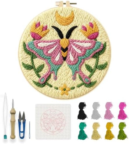 INFUNLY Pink Moths Punch Needle Kits for Beginner Adult Flowers DIY Punch Needle Embroidery Starter Kit for Wall Hanging Moon Needles Stitching Kit with Instruction for DIY Crafts Gift Home Decor by INFUNLY