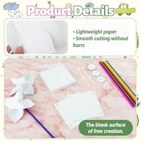 60 Pcs DIY Pinwheels Paper Crafts,Bulk Summer Pinwheel Craft Kit,Color Your Own White Pinwheel for July 4 Party Spring Art and Creativity - Image 3