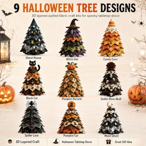 Muhubaih DIY Halloween Christmas Quilted Fabric Tree Kit, 3D Padded Patchwork Sewing Craft Kit for Beginners, Home Office Mantel Shelf Tabletop Decor, Handmade Holiday Gift for Craft Lovers - Image 3