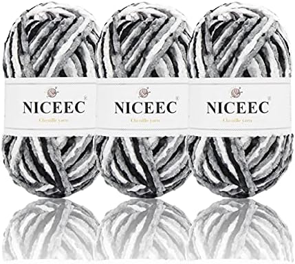 NICEEC 3 Skeins Soft Chenille Yarn 3x85m(3x93yds,3x50g)_Black White Gray by NICEEC