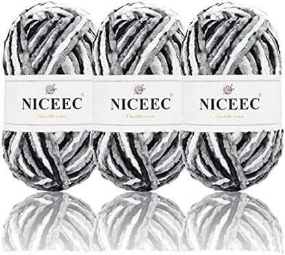 NICEEC 3 Skeins Soft Chenille Yarn 3x85m(3x93yds,3x50g)_Black White Gray by NICEEC