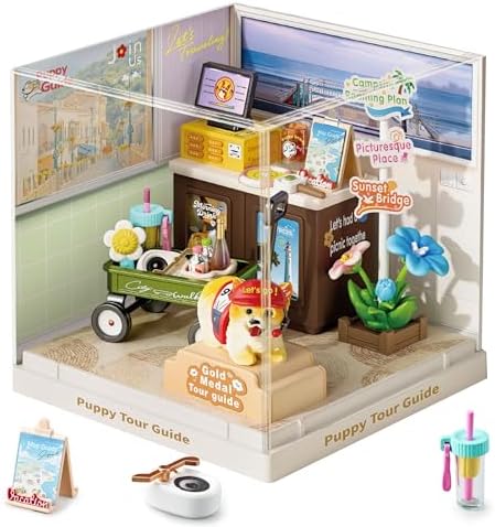 Puppy Tour Guide Miniature House Kit, Durable Plastic DIY Dollhouse with Dog Figure & Travel Scene, Stackable Transparent Dust Cover, Creative Desktop Decor for Adults Teens by BeepZipp
