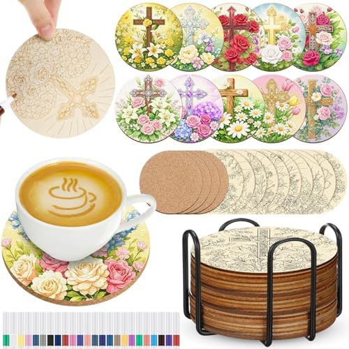 Reallnaive 45 Pcs Cross Wooden Coasters Painting Kit, 4 Inch Paint Your Own Christian Coasters with Markers, Religious Easter Arts and Crafts for Adults Women Seniors Elderly Crafters Gifts by Reallnaive