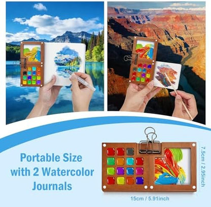 24 Colors Pocket Mini Watercolor Paint Set Walnut Wood Palette Kit - Image 5