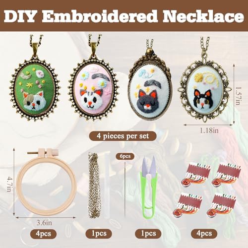 ZOCONE New 4 Packs Embroidery Necklace Kits, Embroidery Pendant Kit Mini Cross Stitch Kit with Hoop, Necklace, Pendant, Stamped Pattern Cloth, Instructions, etc., Embroidery Kits for Adults - Image 2
