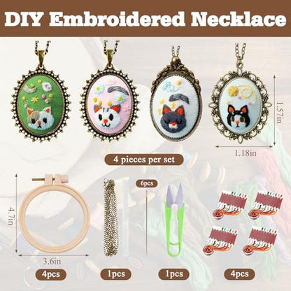 ZOCONE New 4 Packs Embroidery Necklace Kits, Embroidery Pendant Kit Mini Cross Stitch Kit with Hoop, Necklace, Pendant, Stamped Pattern Cloth, Instructions, etc., Embroidery Kits for Adults - Image 2