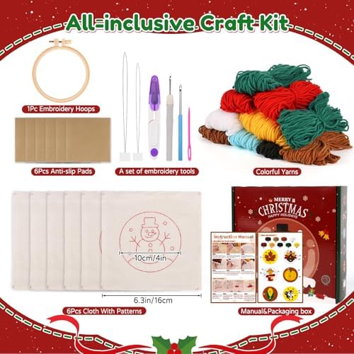 Sukhumvit 6PCS Christmas Punch Needle Coaster Kit, Beginners Punch Needle Set with 6 Tufted Patterns, Yarns, Hoop & Adhesive Pads, Starter DIY Embroidery Coasters Kit for Tufted Crafts Christmas Gifts - Image 2