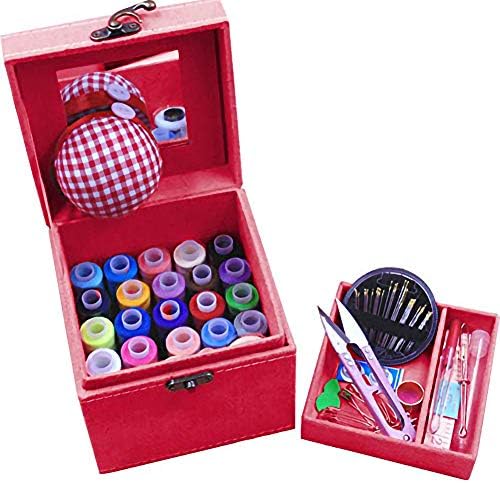2 Layers Sewing Kits with Vintage Box Sewing Accessories Supplies Kits for Adults Kids Beginner Travel Sewing Basket Metal Handle Red by TINTON+LIFE