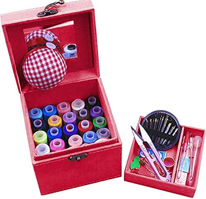 2 Layers Sewing Kits with Vintage Box Sewing Accessories Supplies Kits for Adults Kids Beginner Travel Sewing Basket Metal Handle Red by TINTON+LIFE