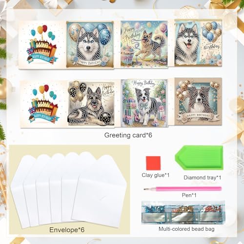 6 Packs Diamond Painting Greeting Card Kits Diamond Art Dog Laser Effect Greeting Cards Animal Special Shaped Diamond Art Greeting Card Arts Crafts for Christmas Birthday Thanksgiving Day(30x15cm) - Image 2