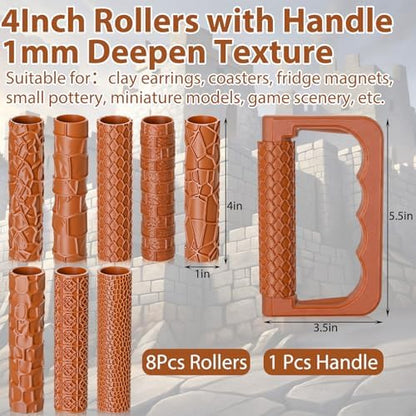 Leriton 9 Pcs Clay Texture Roller Set with Handle, Terrain - Image 2